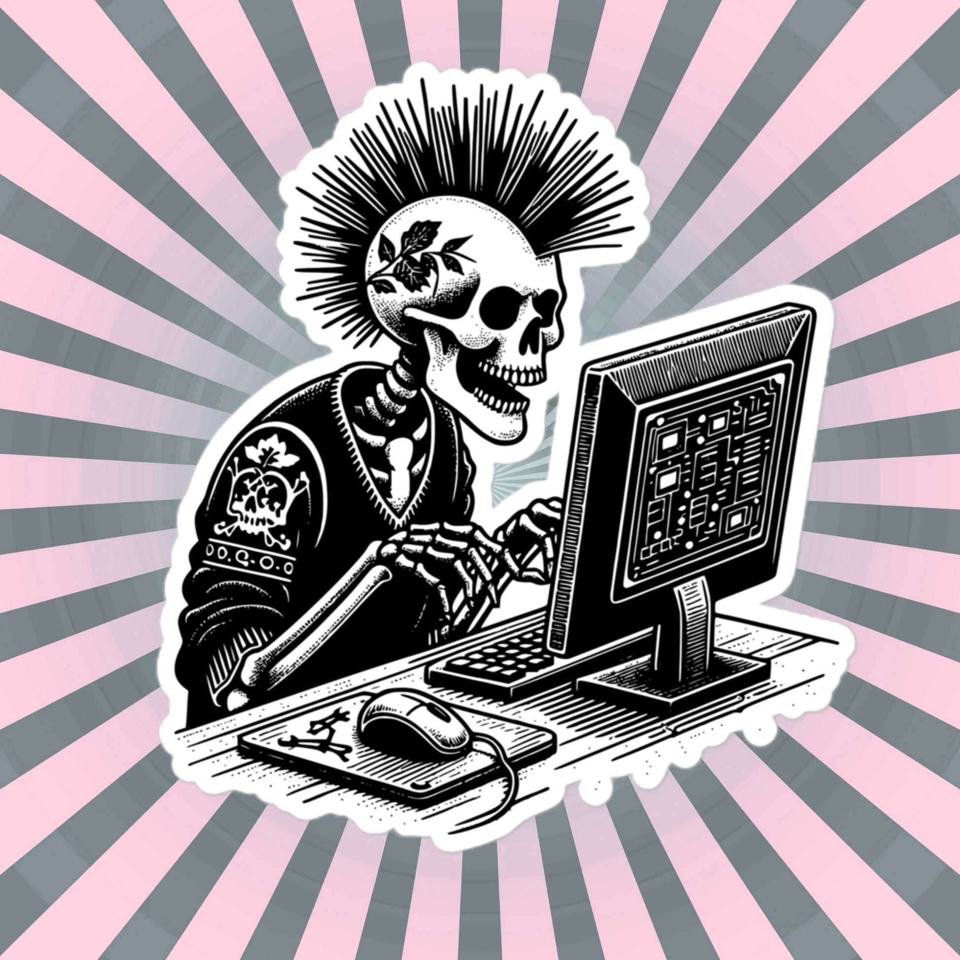 Punk Rock Skeleton on Computer Sticker, Cyberpunk Skeleton with Tech Sticker, Weirdcore Weird Stuff, Original Steampunk Warcore Art