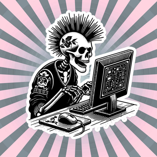 Punk Rock Skeleton on Computer Sticker, Cyberpunk Skeleton with Tech Sticker, Weirdcore Weird Stuff, Original Steampunk Warcore Art
