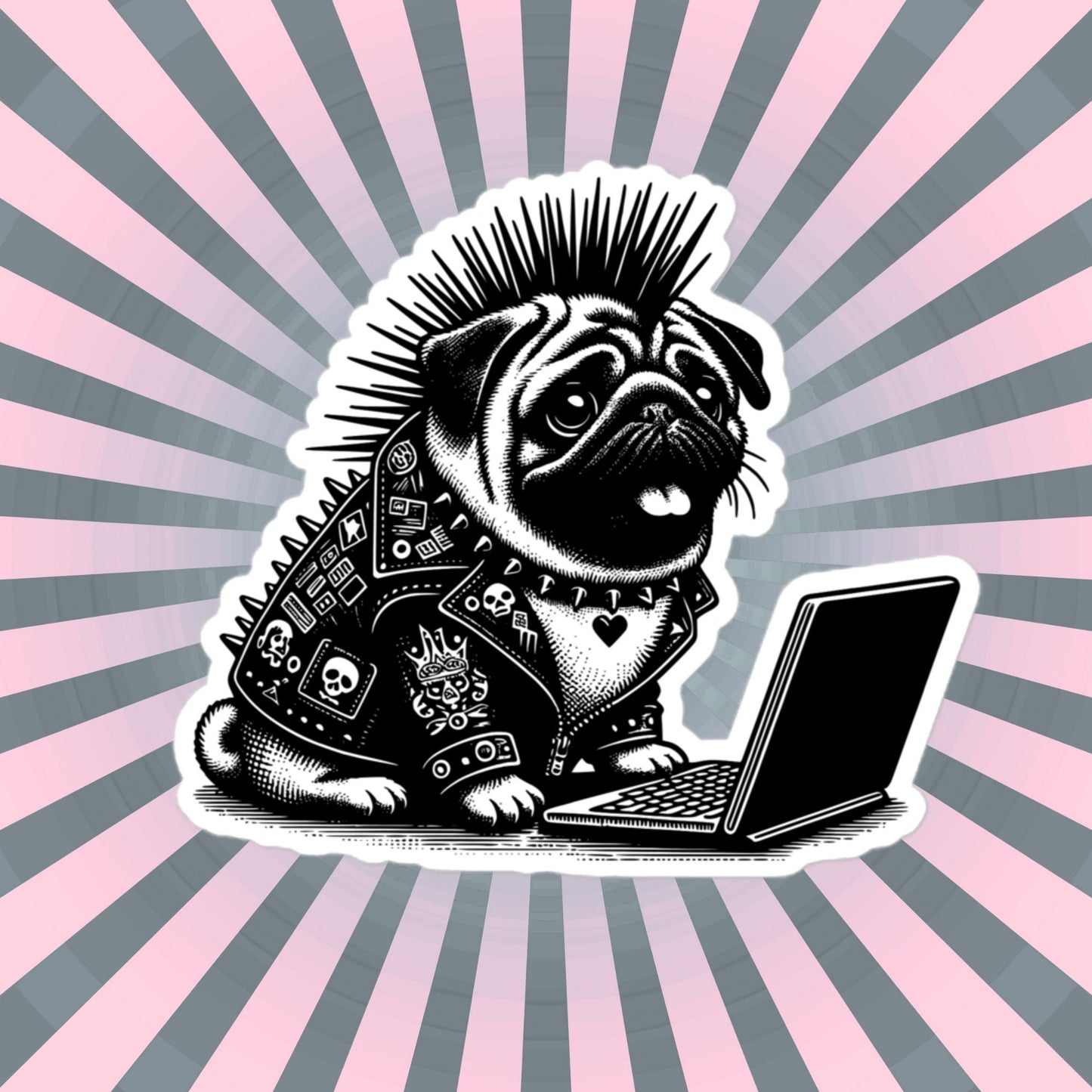 Punk Rock Pug on Computer Sticker, Cyberpunk Dog with Tech Sticker, Weirdcore Weird Stuff, Original Steampunk Warcore Art