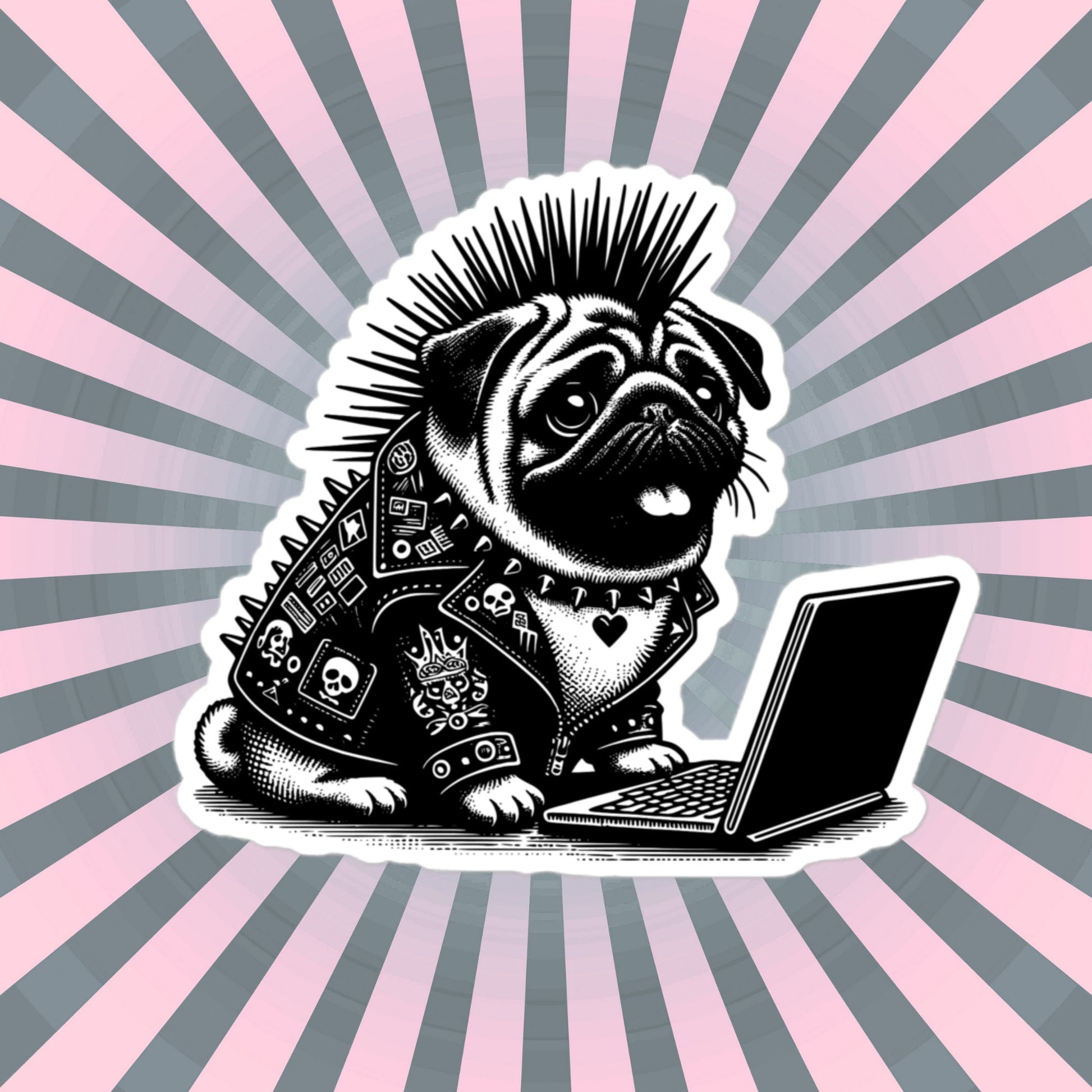 Punk Rock Pug on Computer Sticker, Cyberpunk Dog with Tech Sticker, Weirdcore Weird Stuff, Original Steampunk Warcore Art
