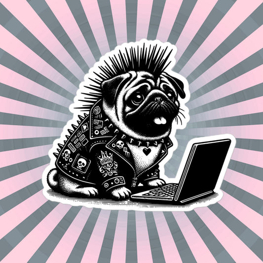 Punk Rock Pug on Computer Sticker, Cyberpunk Dog with Tech Sticker, Weirdcore Weird Stuff, Original Steampunk Warcore Art