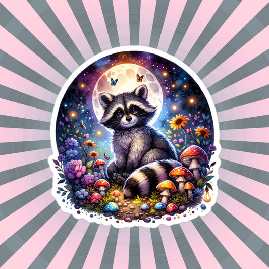 Whimsical Goth Cute Big Eyed Raccoon Forestcore Moonlight Mushroom Original Art Vinyl Sticker