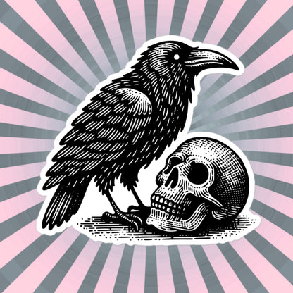Weirdcore Gothic Raven and Skull Vinyl Sticker Spooky Grunge Goblincore Crow Skull Waterproof Sticker