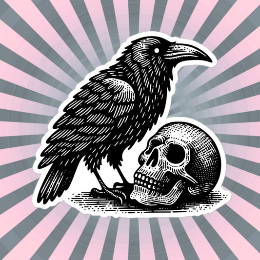 Weirdcore Gothic Raven and Skull Vinyl Sticker Spooky Grunge Goblincore Crow Skull Waterproof Sticker
