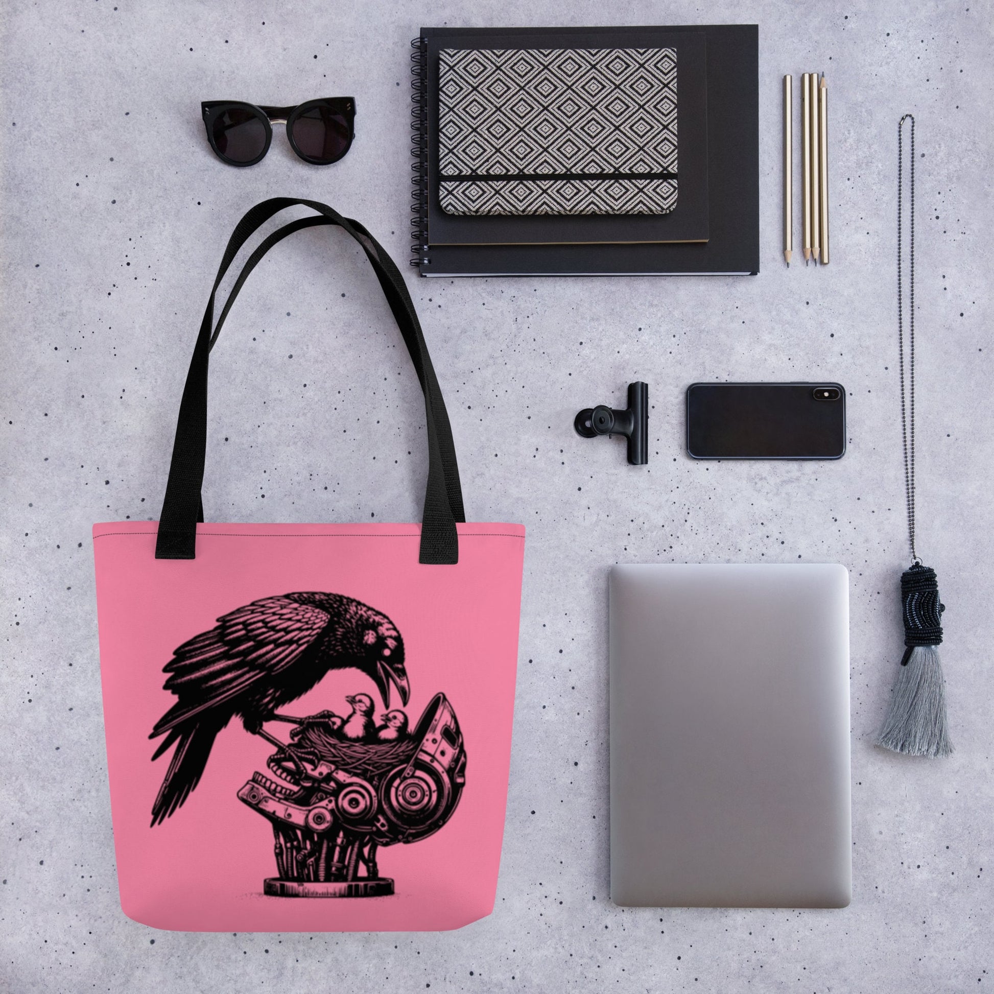 Pink Pastel Goth Grunge Punk Raven Nest Robot Tote Bag Animal vs Tech Gothic DreamSage Tote Bag