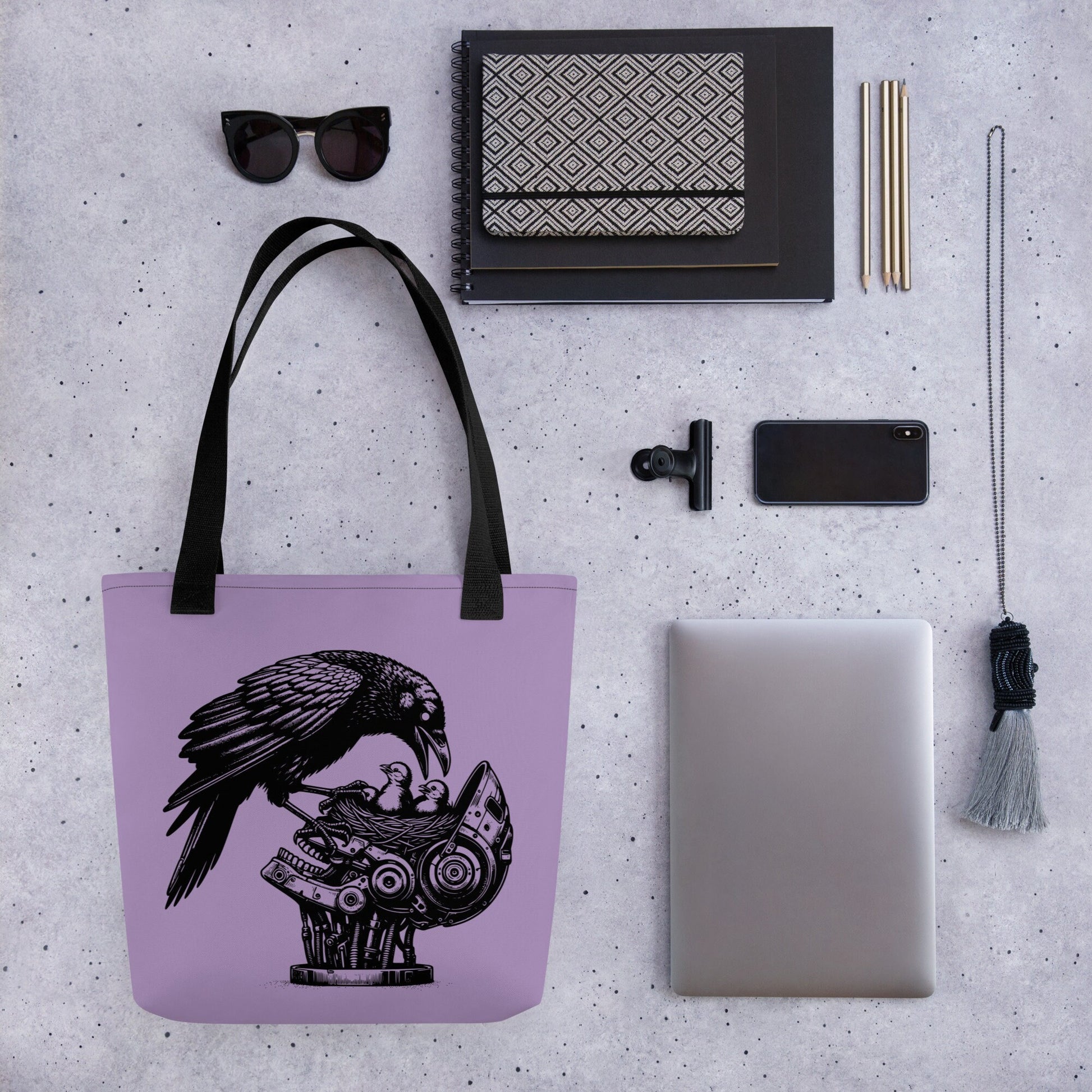 Purple & Black Pastel Goth Grunge Punk Raven Nest Robot Tote Bag Animal vs Tech Gothic DreamSage Tote Bag