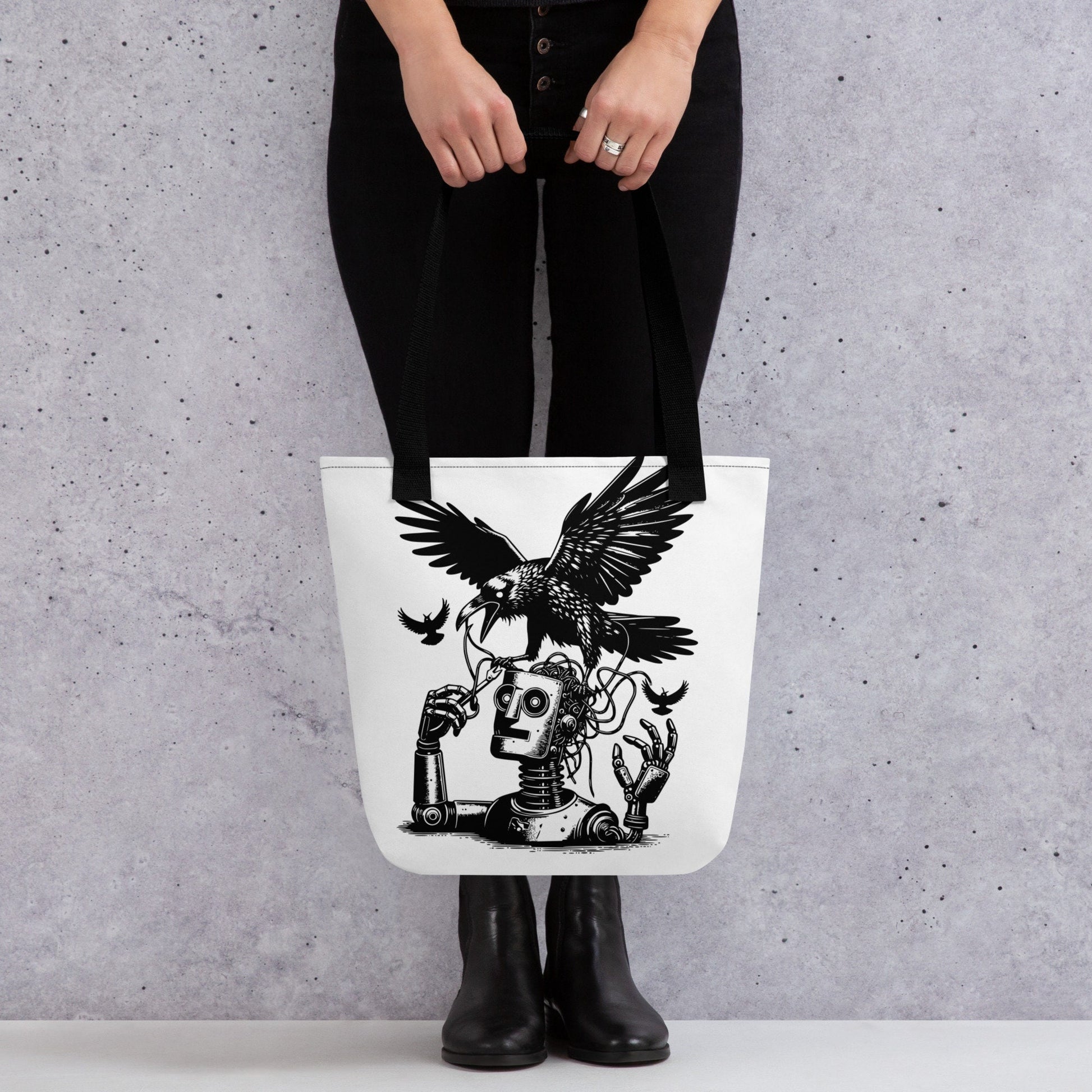 WHITE Pastel Goth Grunge Punk Ravens Against The Machine Robot Tote Bag Animal vs Tech Gothic DreamSage Tote Bag