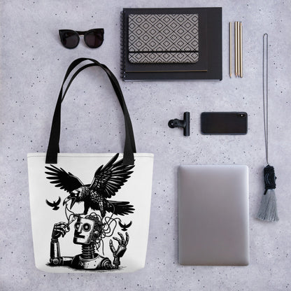 WHITE Pastel Goth Grunge Punk Ravens Against The Machine Robot Tote Bag Animal vs Tech Gothic DreamSage Tote Bag