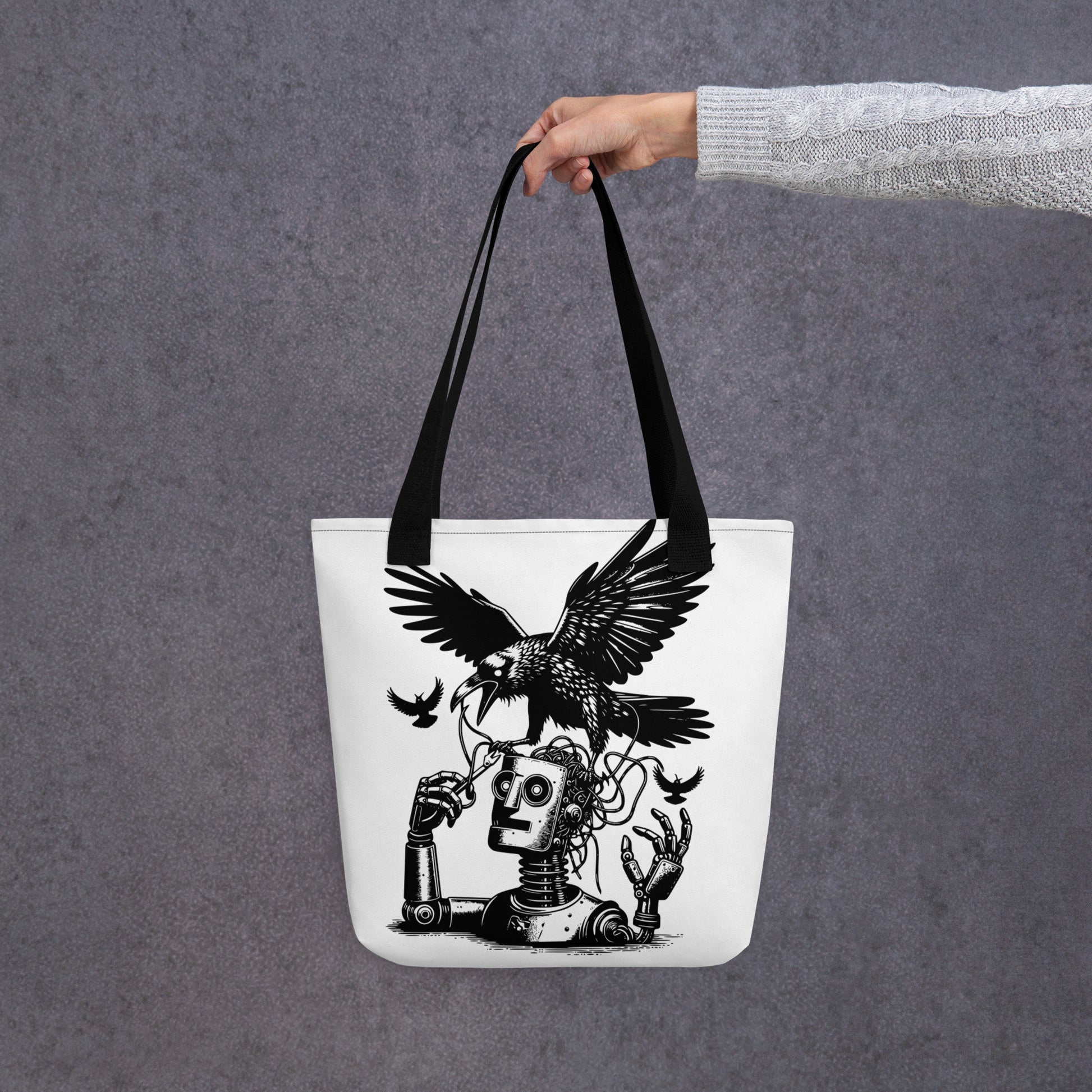 WHITE Pastel Goth Grunge Punk Ravens Against The Machine Robot Tote Bag Animal vs Tech Gothic DreamSage Tote Bag