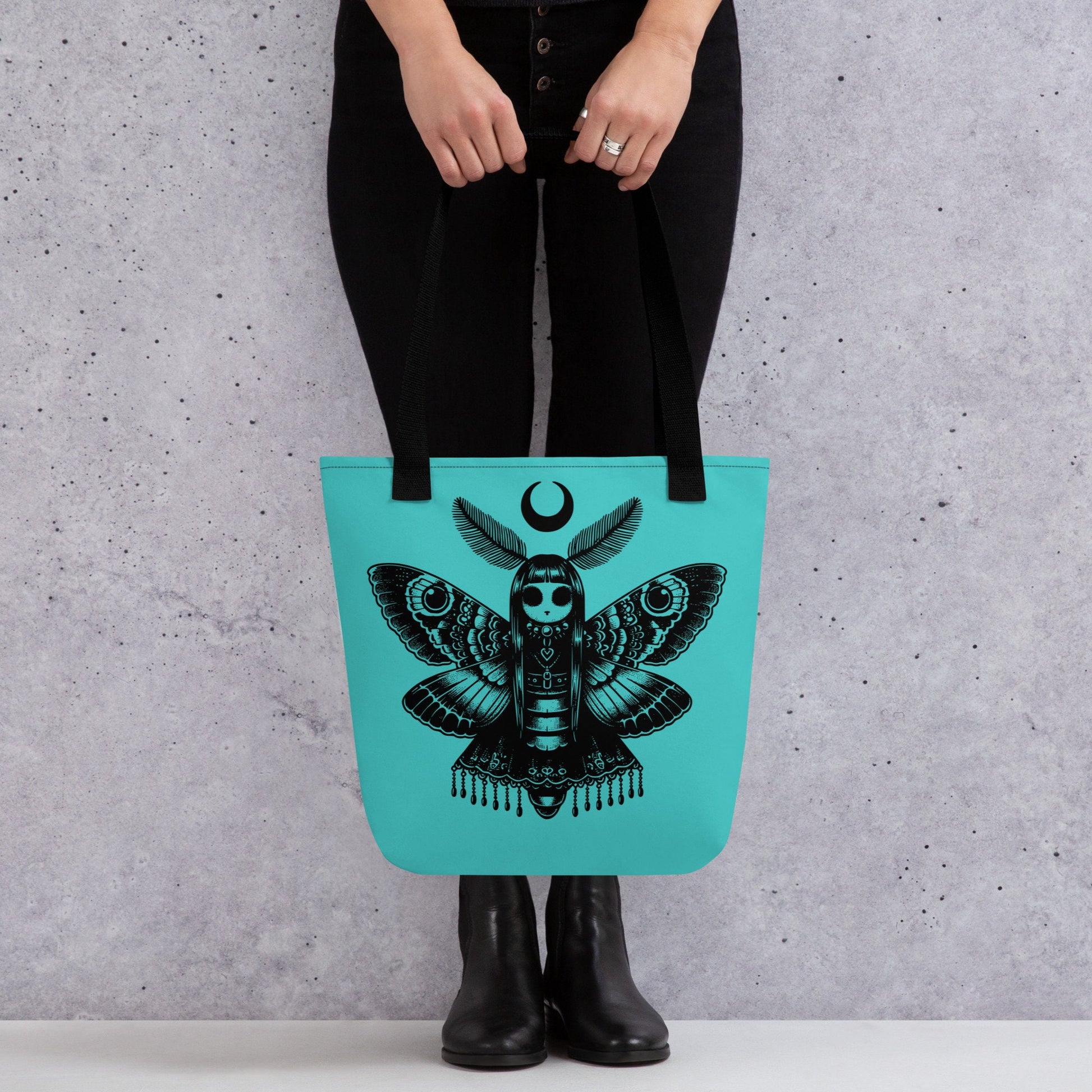 AQUA Gothic Grunge Pastel Goth Luna Moth Tote Bag, Dreamcore Ventcore Darkcore Weird Stuff Dark Aesthetic Tote Bag