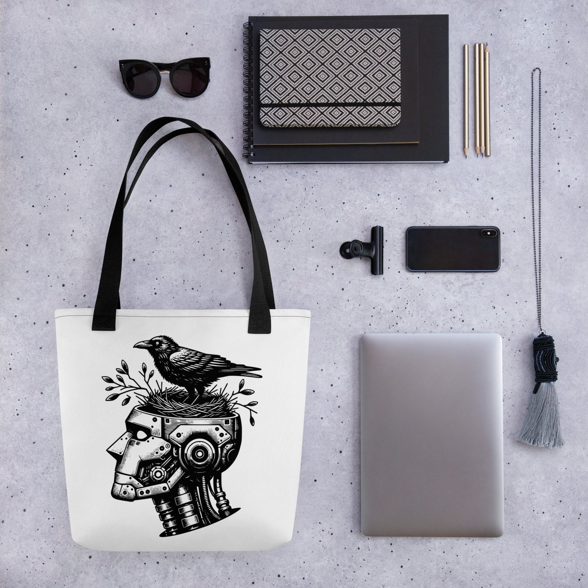 WHITE Gothic Pastel Goth Grunge Punk Raven Nest in Robot Tote Bag CoExist DreamSage Tote Bag