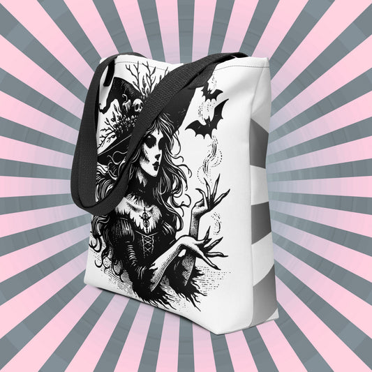 WHITE Gothic Grunge Pastel Goth Bats & Witch Tote Bag, Ventcore Darkcore Weird Stuff Dark Aesthetic Halloween Tote Bag