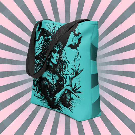 AQUA Gothic Grunge Pastel Goth Bats & Witch Tote Bag, Ventcore Darkcore Weird Stuff Dark Aesthetic Halloween Tote Bag