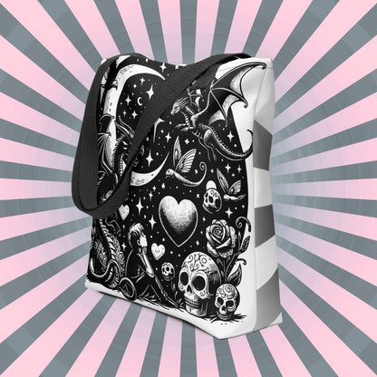 WHITE Gothic Grunge Pastel Goth Moon Gazer Tote Bag, Ventcore Darkcore Weird Stuff Dark Aesthetic Tote Bag