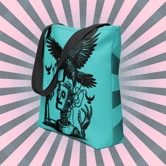 AQUA Pastel Goth Grunge Punk Ravens Against The Machine Robot Tote Bag Animal vs Tech Gothic DreamSage Tote Bag
