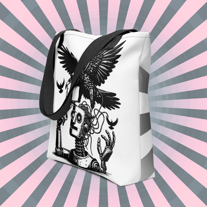 WHITE Pastel Goth Grunge Punk Ravens Against The Machine Robot Tote Bag Animal vs Tech Gothic DreamSage Tote Bag