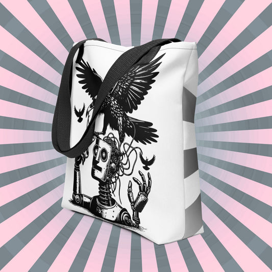WHITE Pastel Goth Grunge Punk Ravens Against The Machine Robot Tote Bag Animal vs Tech Gothic DreamSage Tote Bag