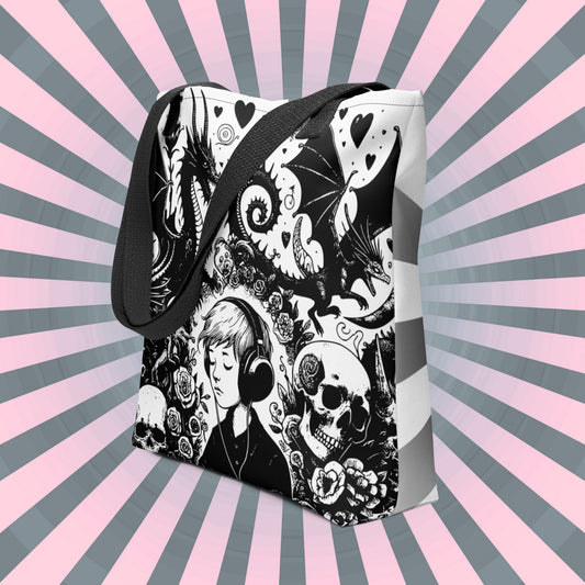 WHITE Gothic Grunge Pastel Goth Drowning Out The Demons Tote Bag, Ventcore Darkcore Weird Stuff Dark Aesthetic Tote Bag