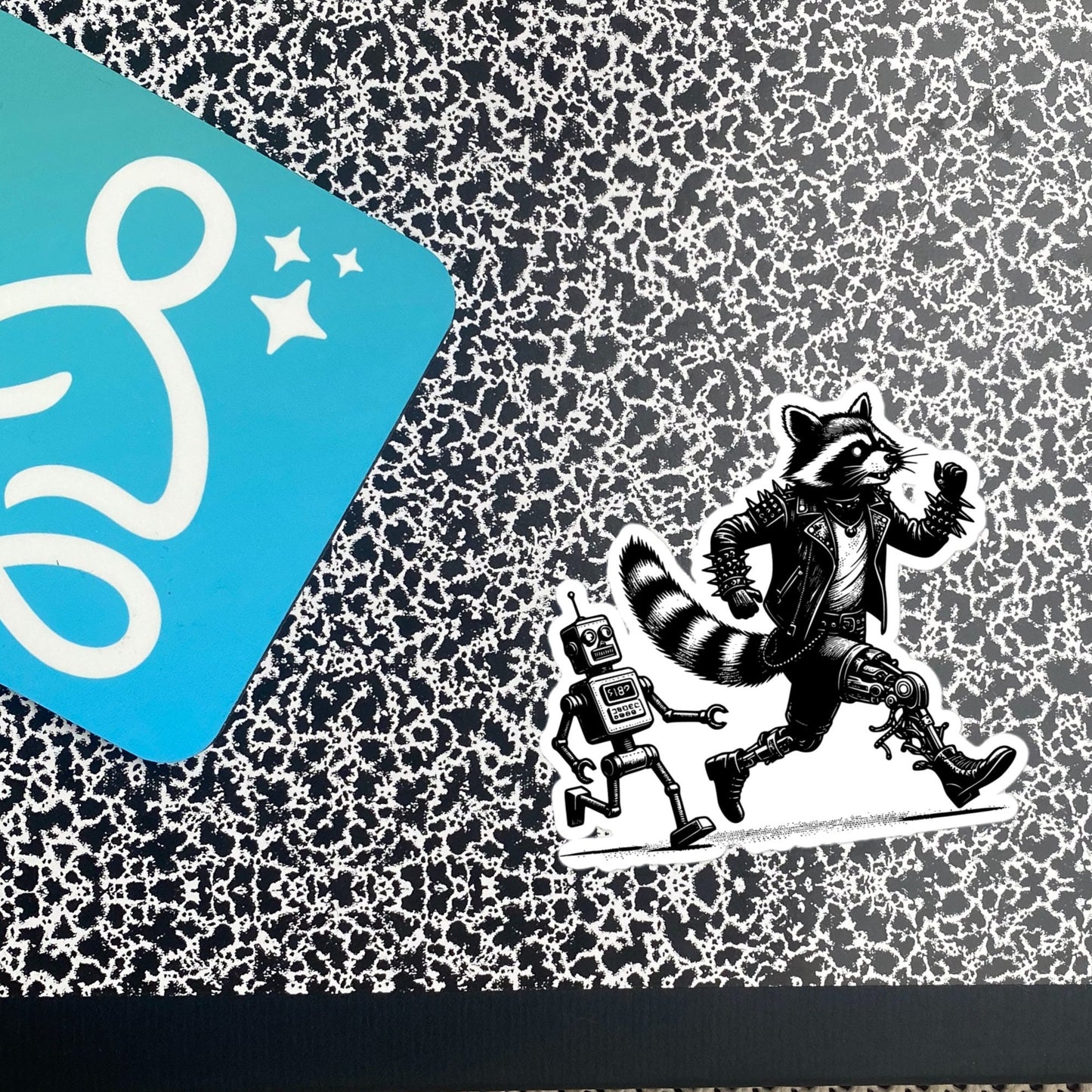 Cyber Goth Punk Robot Chasing Raccoon Sticker, Weirdcore Animal Vinyl Waterproof Weird Sticker for Tumblers, Bumpers, Books & Crafts