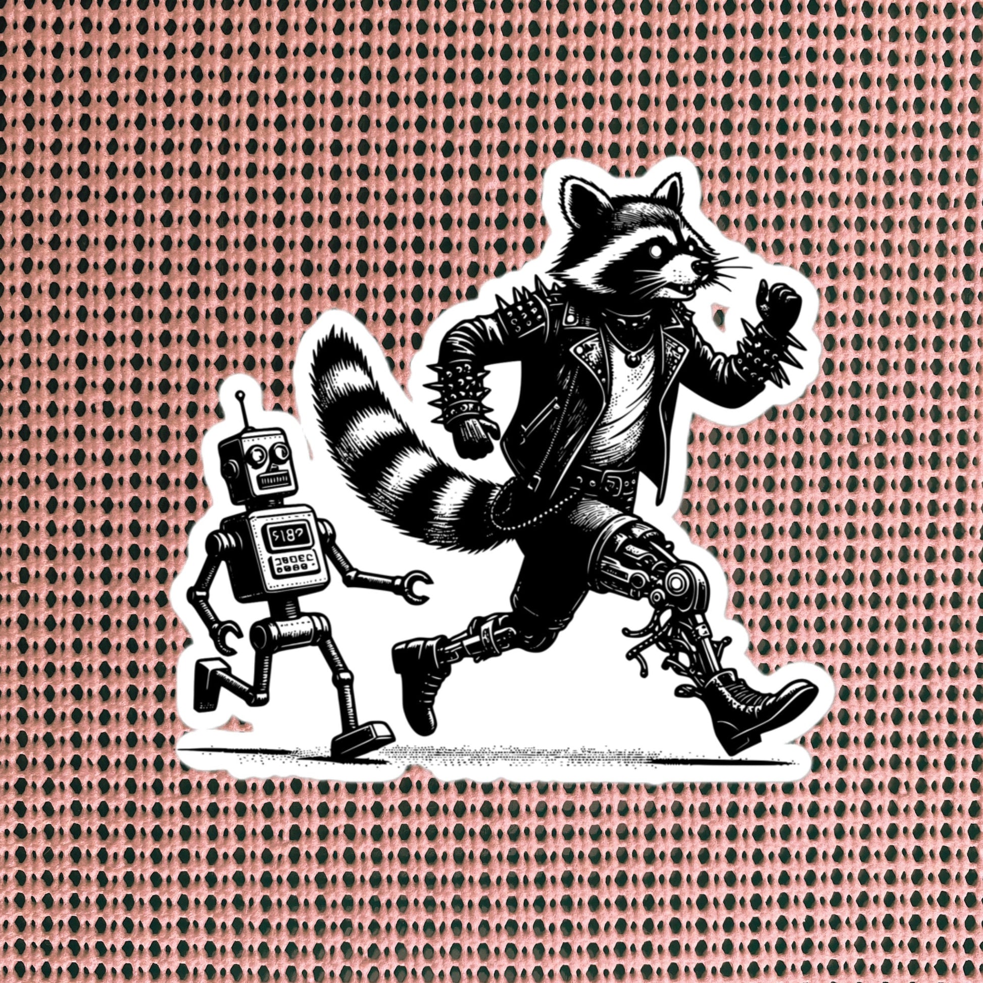 Cyber Goth Punk Robot Chasing Raccoon Sticker, Weirdcore Animal Vinyl Waterproof Weird Sticker for Tumblers, Bumpers, Books & Crafts