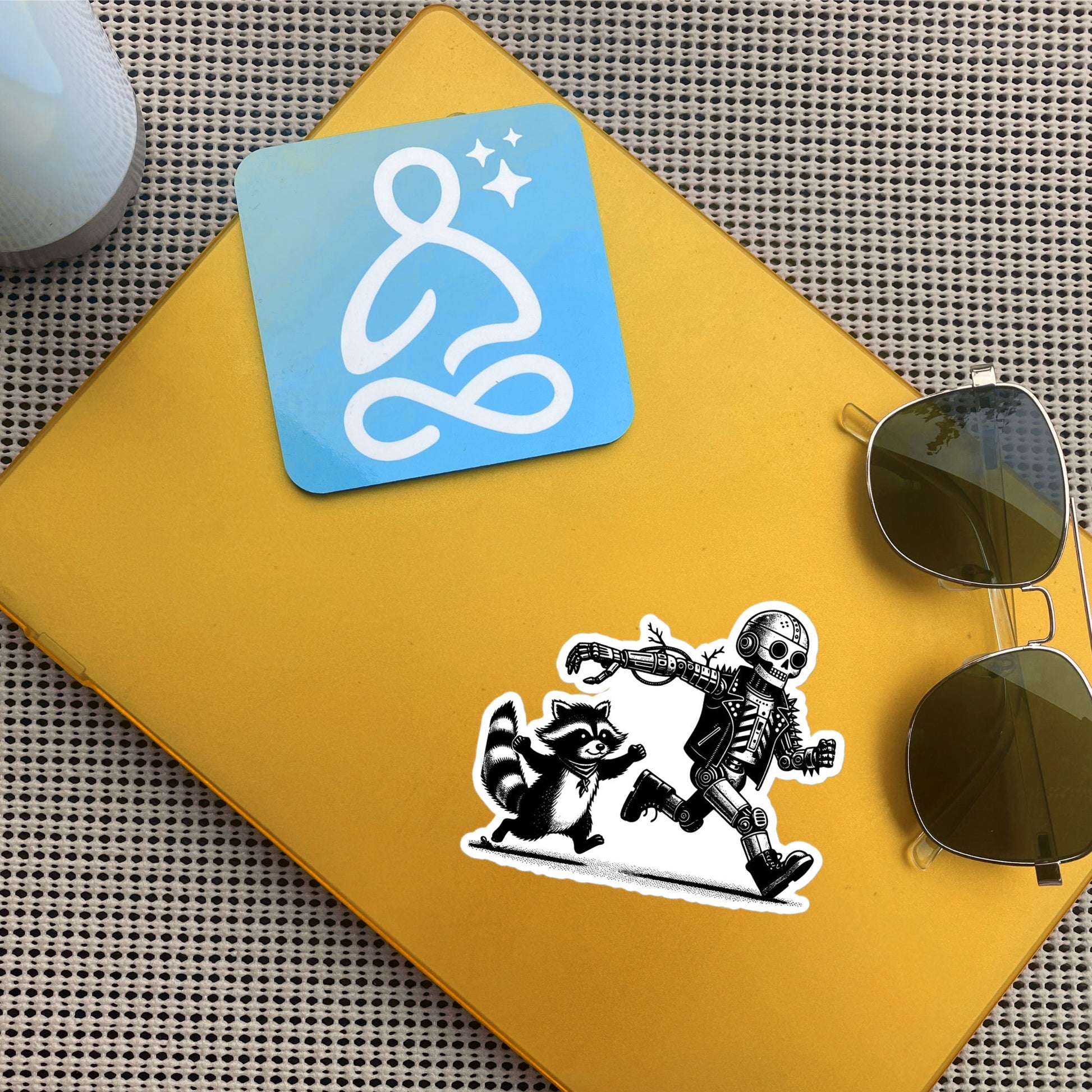 Cyber Goth Punk Raccoon Chasing Robot Sticker, Weirdcore Animal Vinyl Waterproof Weird Sticker for Tumblers, Bumpers, Books & Crafts