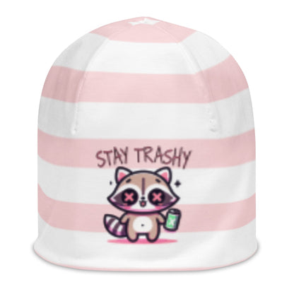 Weirdcore Pastel Goth Grunge Raccoon Striped Beanie, Stay Trashy Oddcore Beanie Hat