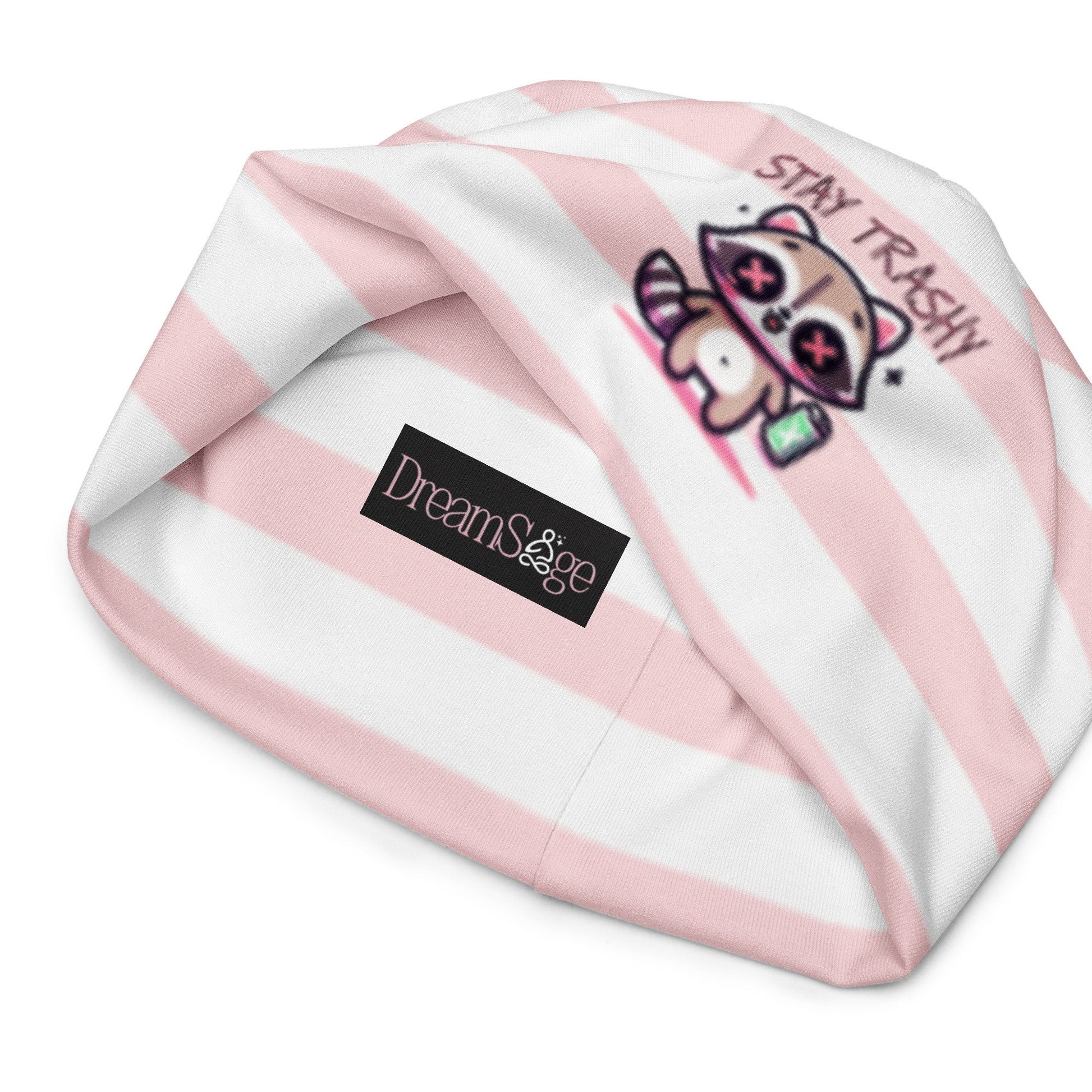 Weirdcore Pastel Goth Grunge Raccoon Striped Beanie, Stay Trashy Oddcore Beanie Hat