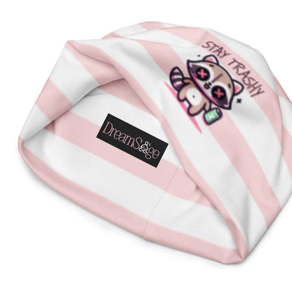 Weirdcore Pastel Goth Grunge Raccoon Striped Beanie, Stay Trashy Oddcore Beanie Hat