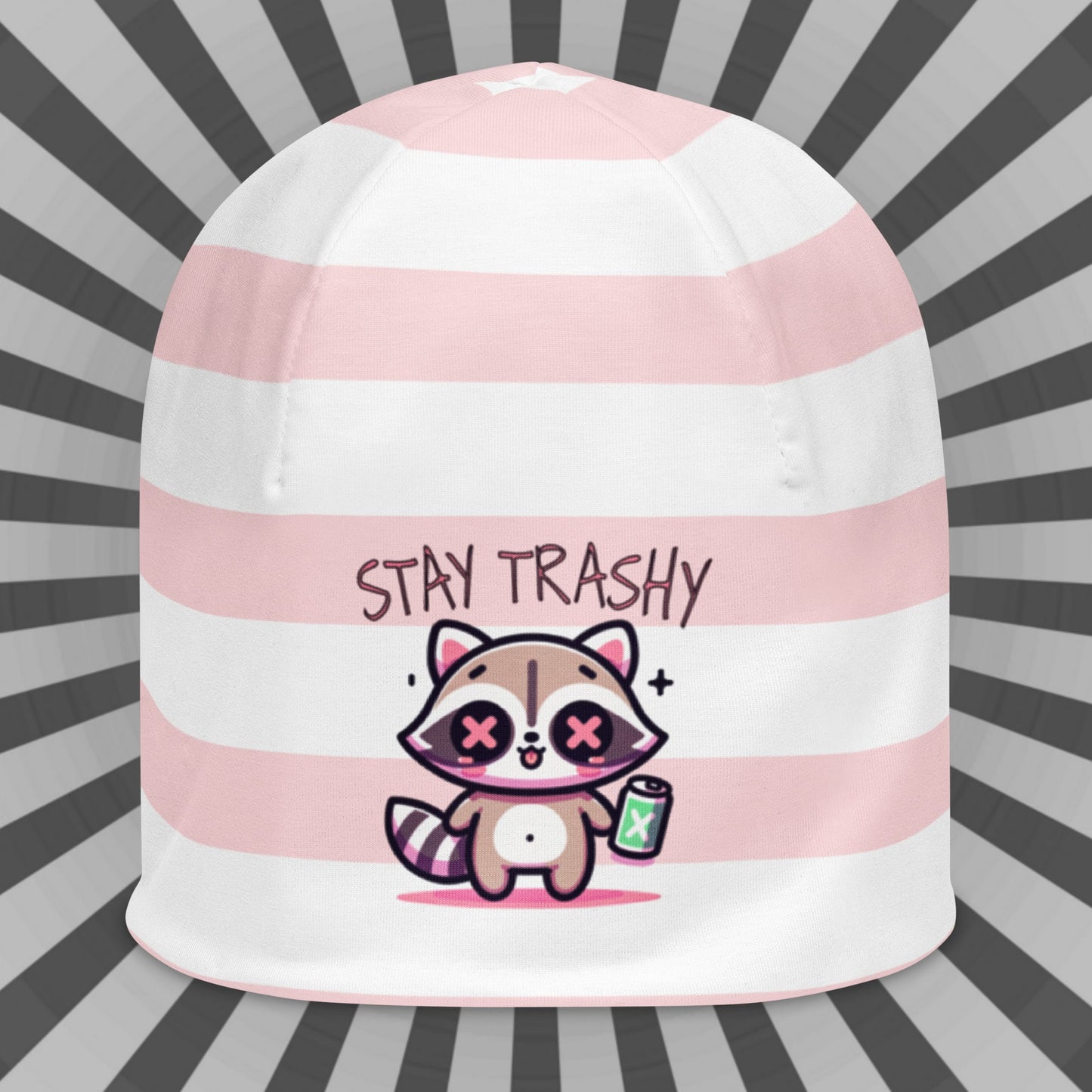 Weirdcore Pastel Goth Grunge Raccoon Striped Beanie, Stay Trashy Oddcore Beanie Hat