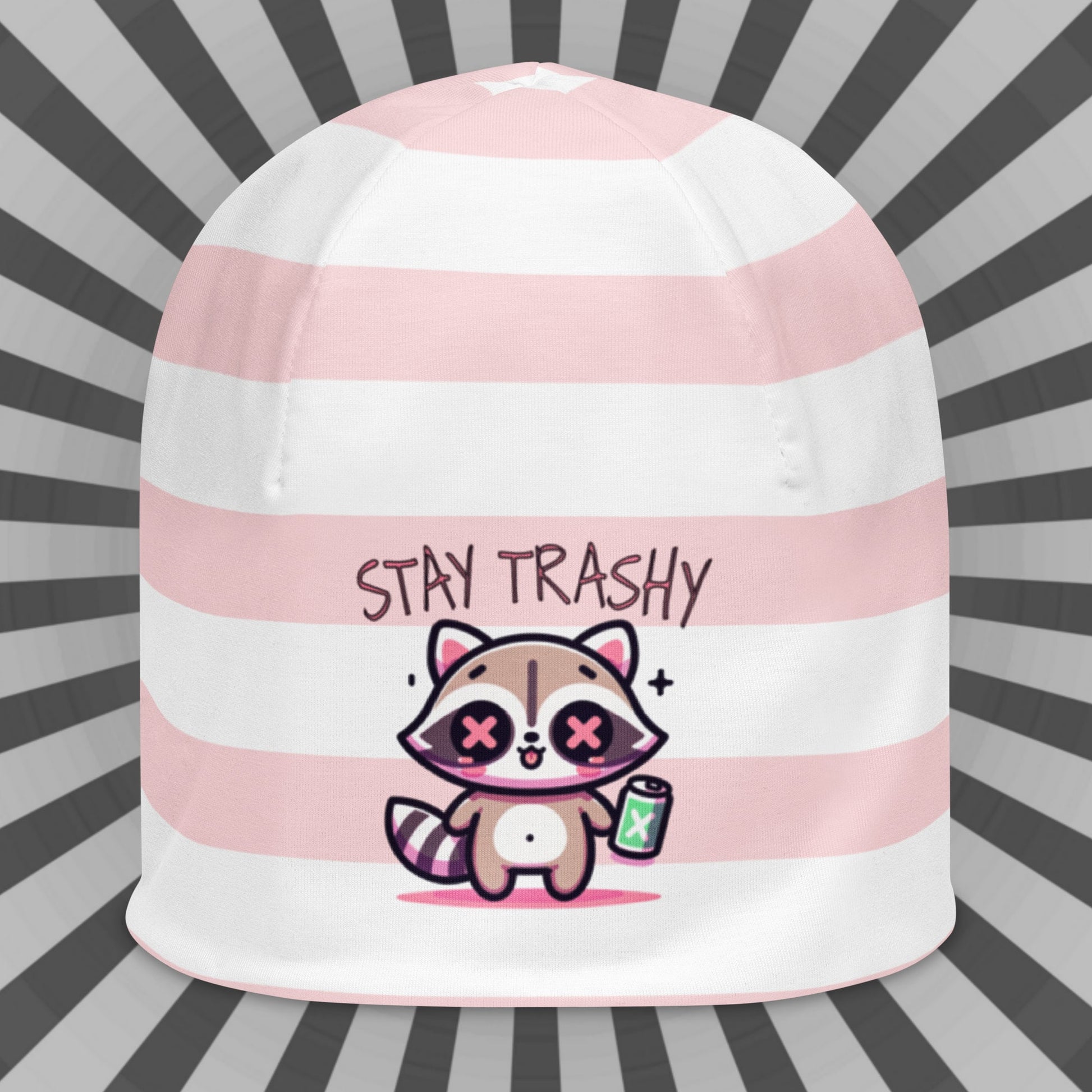Weirdcore Pastel Goth Grunge Raccoon Striped Beanie, Stay Trashy Oddcore Beanie Hat