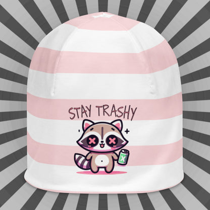 Weirdcore Pastel Goth Grunge Raccoon Striped Beanie, Stay Trashy Oddcore Beanie Hat