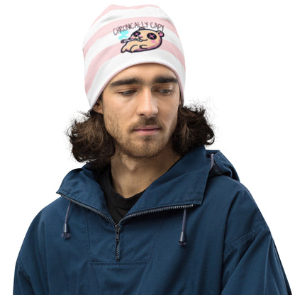Weirdcore Pastel Goth Grunge Capybara Striped Beanie, Chronically Capy Oddcore Beanie Hat