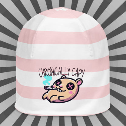 Weirdcore Pastel Goth Grunge Capybara Striped Beanie, Chronically Capy Oddcore Beanie Hat