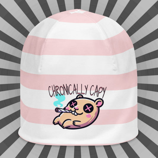 Weirdcore Pastel Goth Grunge Capybara Striped Beanie, Chronically Capy Oddcore Beanie Hat