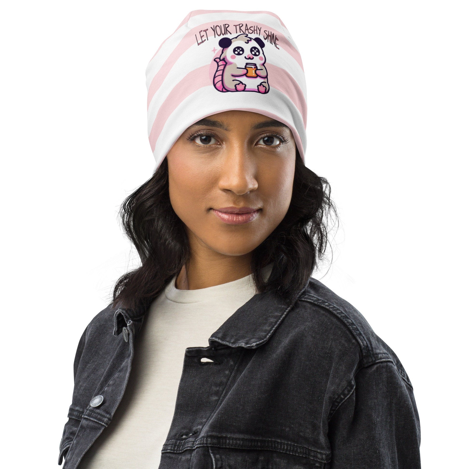 Weirdcore Pastel Goth Grunge Opossum Striped Beanie, Let Your Trashy Shine Oddcore Beanie Hat