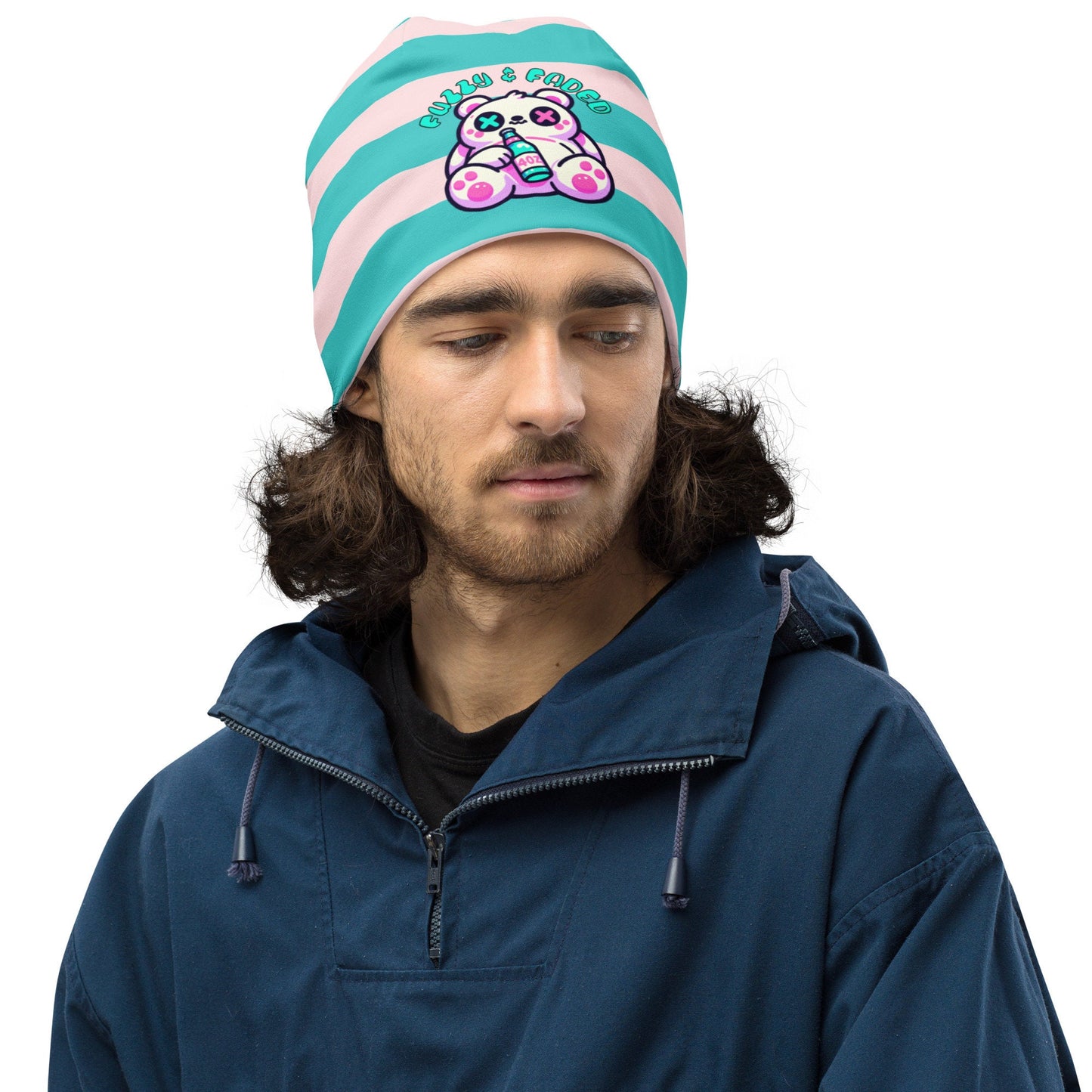 Weirdcore Pastel Goth Grunge Bear Striped Beanie, Fuzzy and Faded Oddcore Beanie Hat