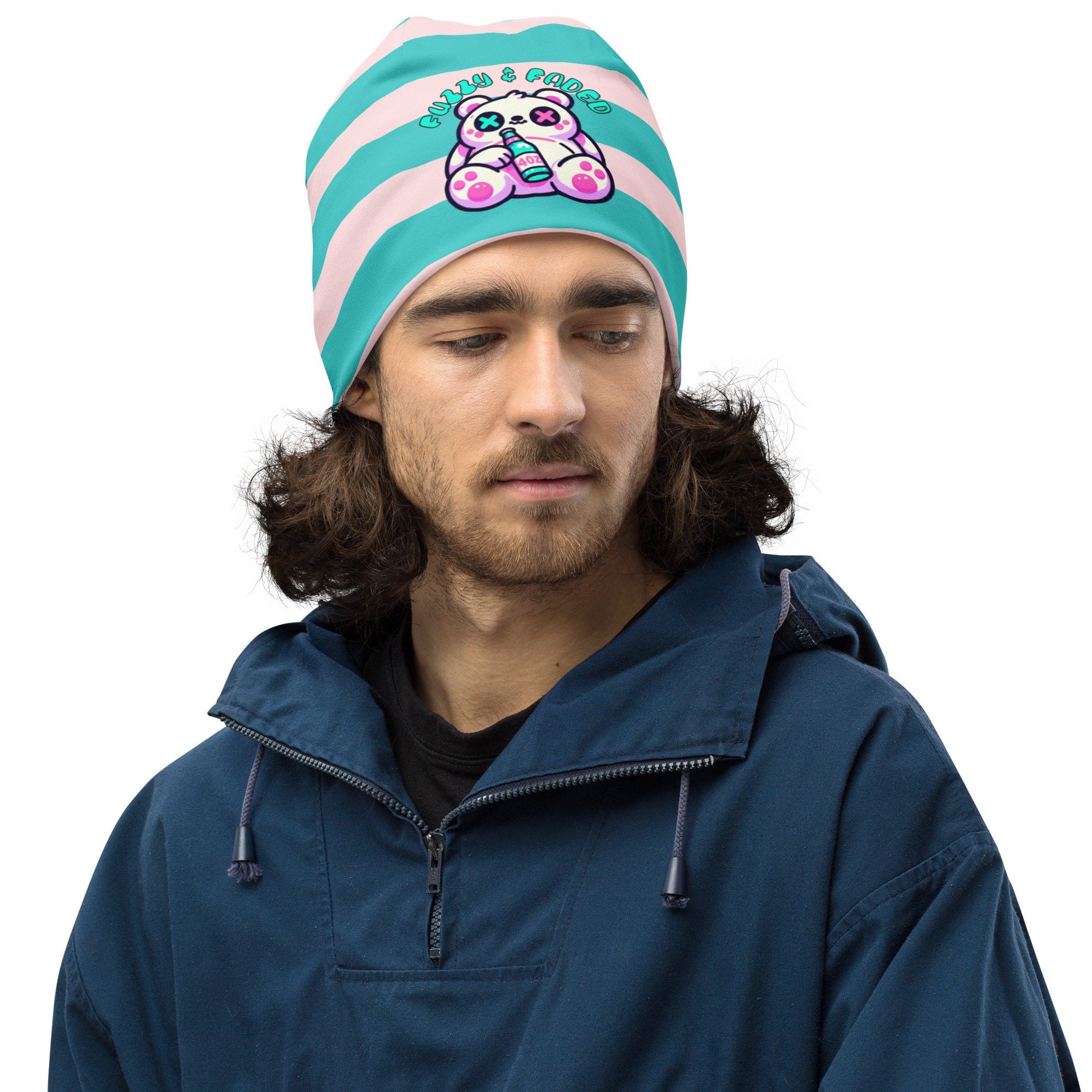 Weirdcore Pastel Goth Grunge Bear Striped Beanie, Fuzzy and Faded Oddcore Beanie Hat