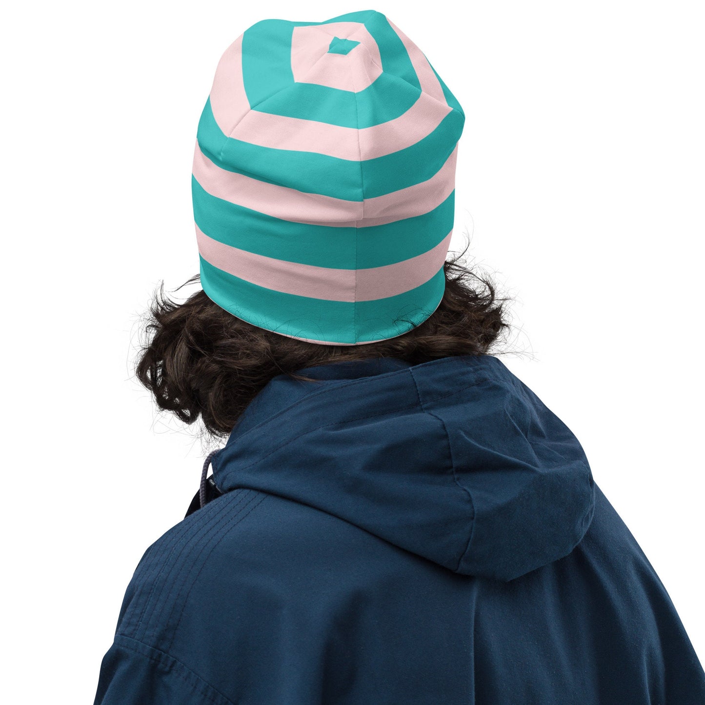 Weirdcore Pastel Goth Grunge Bear Striped Beanie, Fuzzy and Faded Oddcore Beanie Hat
