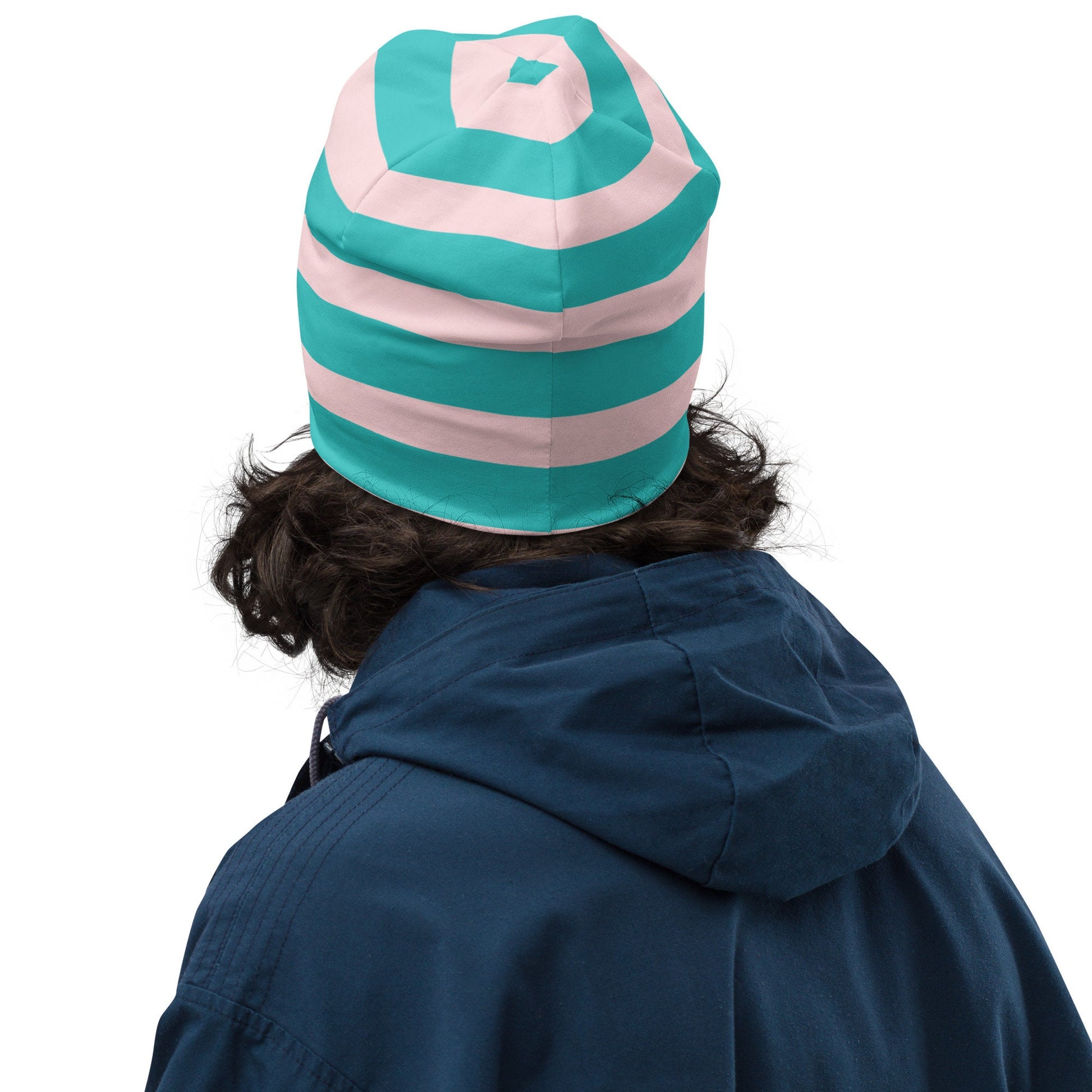 Weirdcore Pastel Goth Grunge Bear Striped Beanie, Fuzzy and Faded Oddcore Beanie Hat