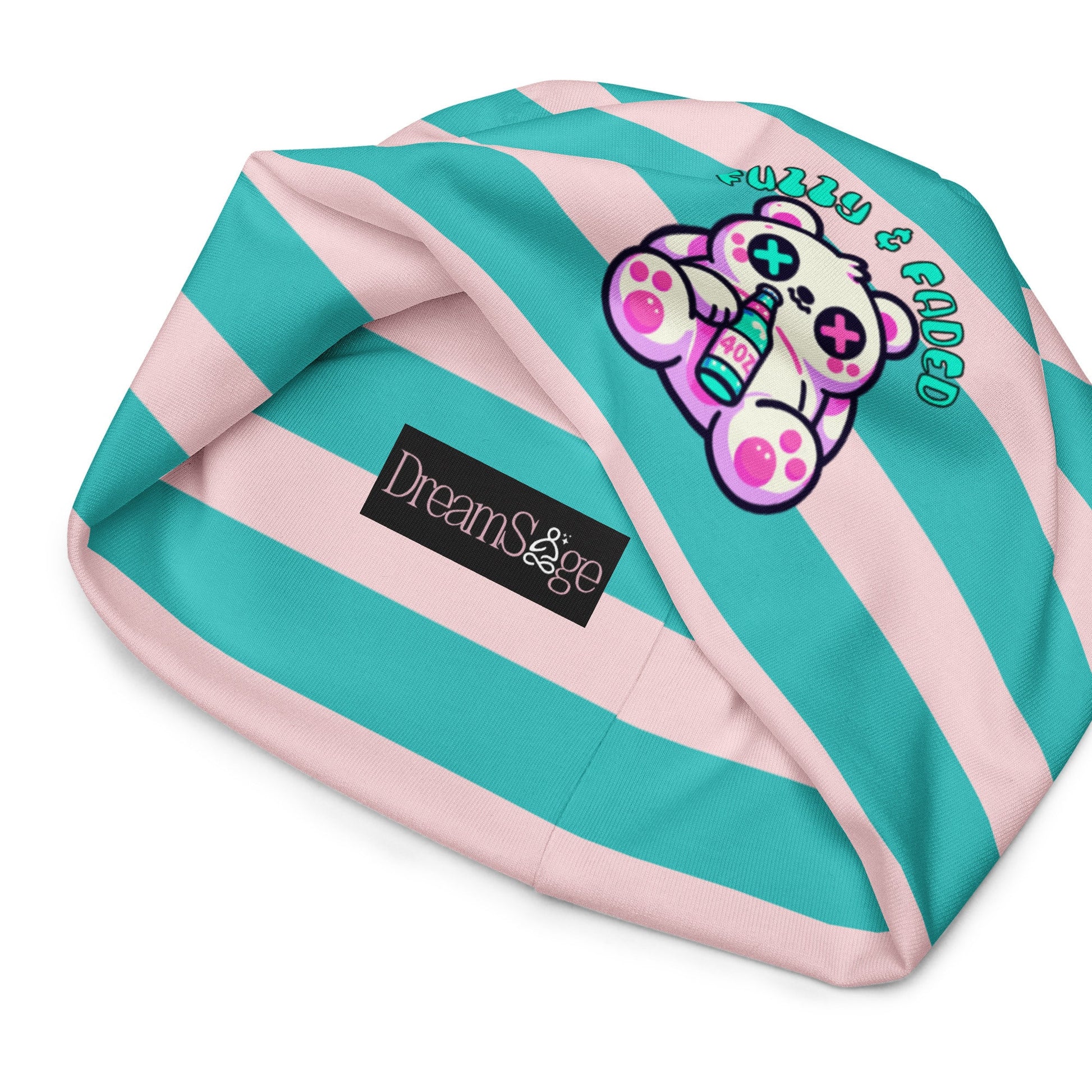 Weirdcore Pastel Goth Grunge Bear Striped Beanie, Fuzzy and Faded Oddcore Beanie Hat