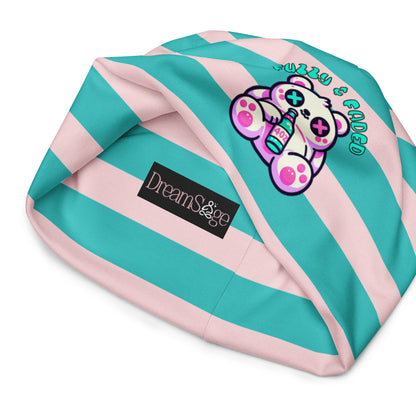 Weirdcore Pastel Goth Grunge Bear Striped Beanie, Fuzzy and Faded Oddcore Beanie Hat