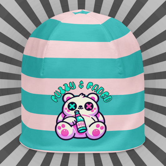 Weirdcore Pastel Goth Grunge Bear Striped Beanie, Fuzzy and Faded Oddcore Beanie Hat