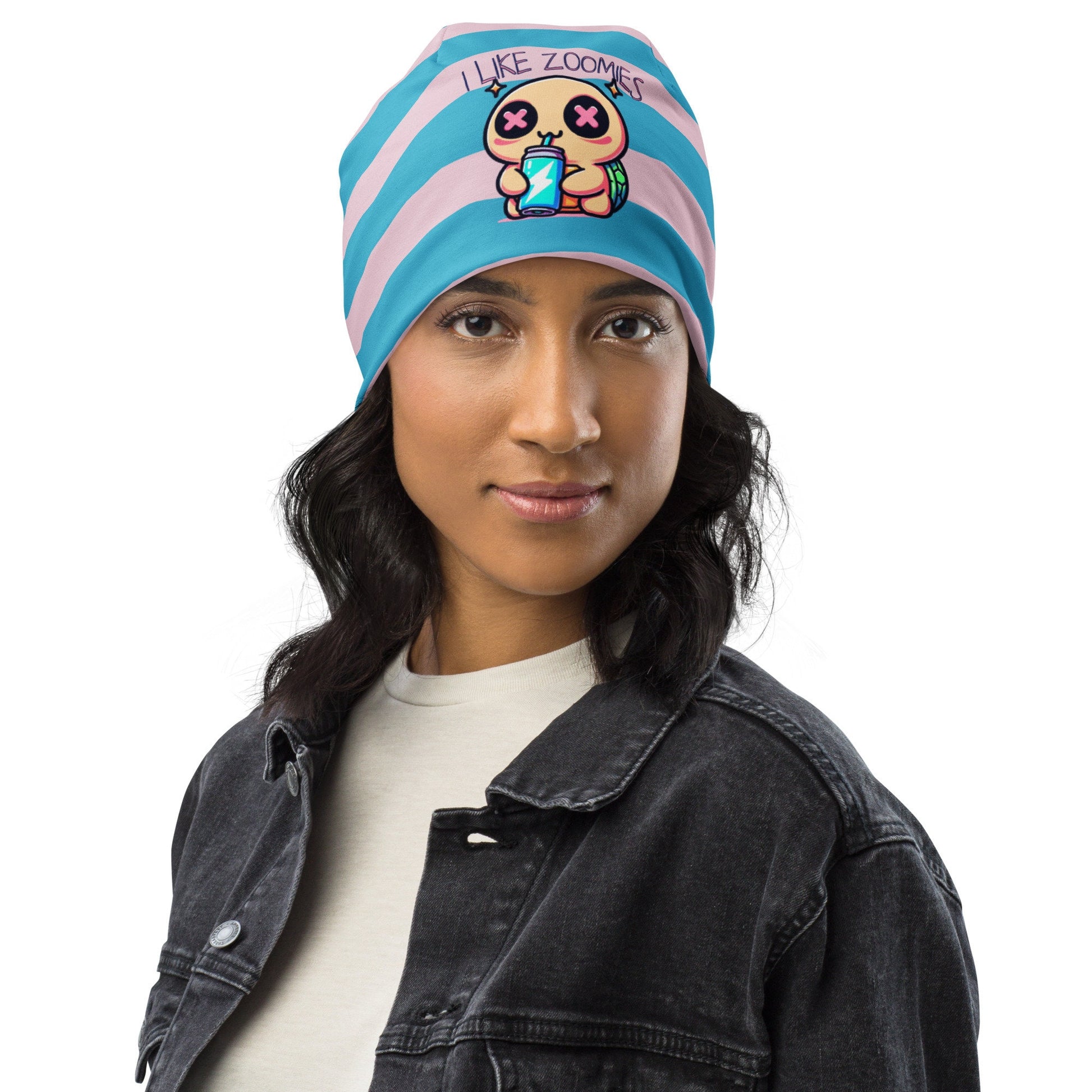 Weirdcore Pastel Goth Grunge Turtle Striped Beanie, I Like Zoomies Oddcore Beanie Hat