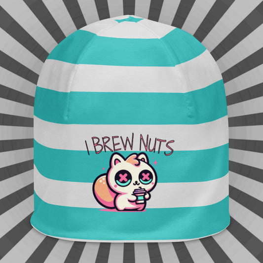 Weirdcore Pastel Goth Grunge Squirrel Striped Beanie, I Brew Nuts Oddcore Beanie Hat