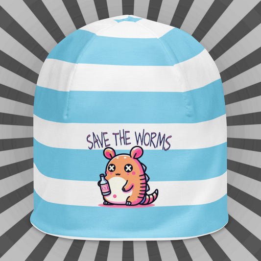 Weirdcore Pastel Goth Grunge Armadillo Striped Beanie, Dillo Save The Worms Oddcore Beanie Hat