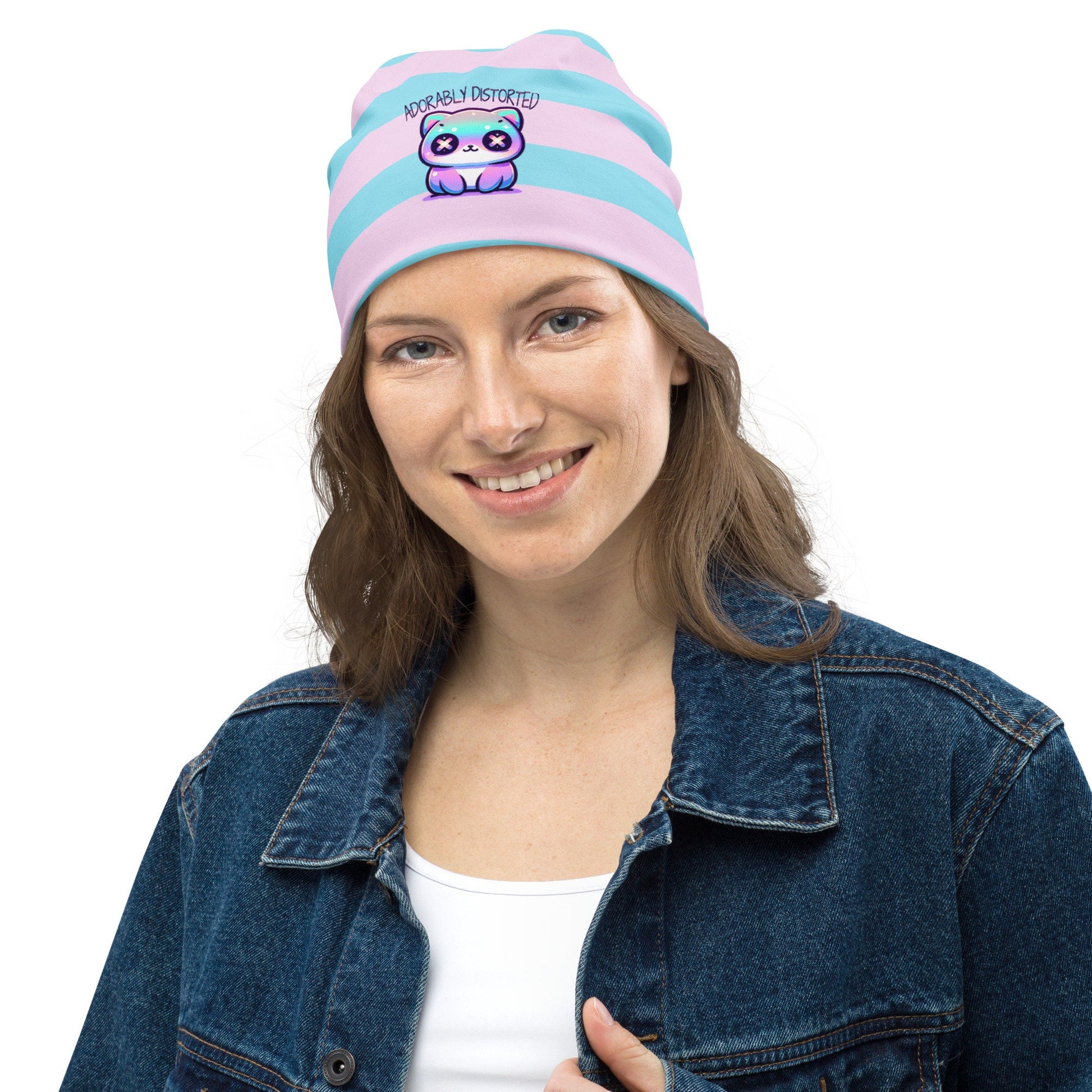 Weirdcore Pastel Goth Grunge Kitty Cat Striped Beanie, Adorably Distorted Oddcore Beanie Hat