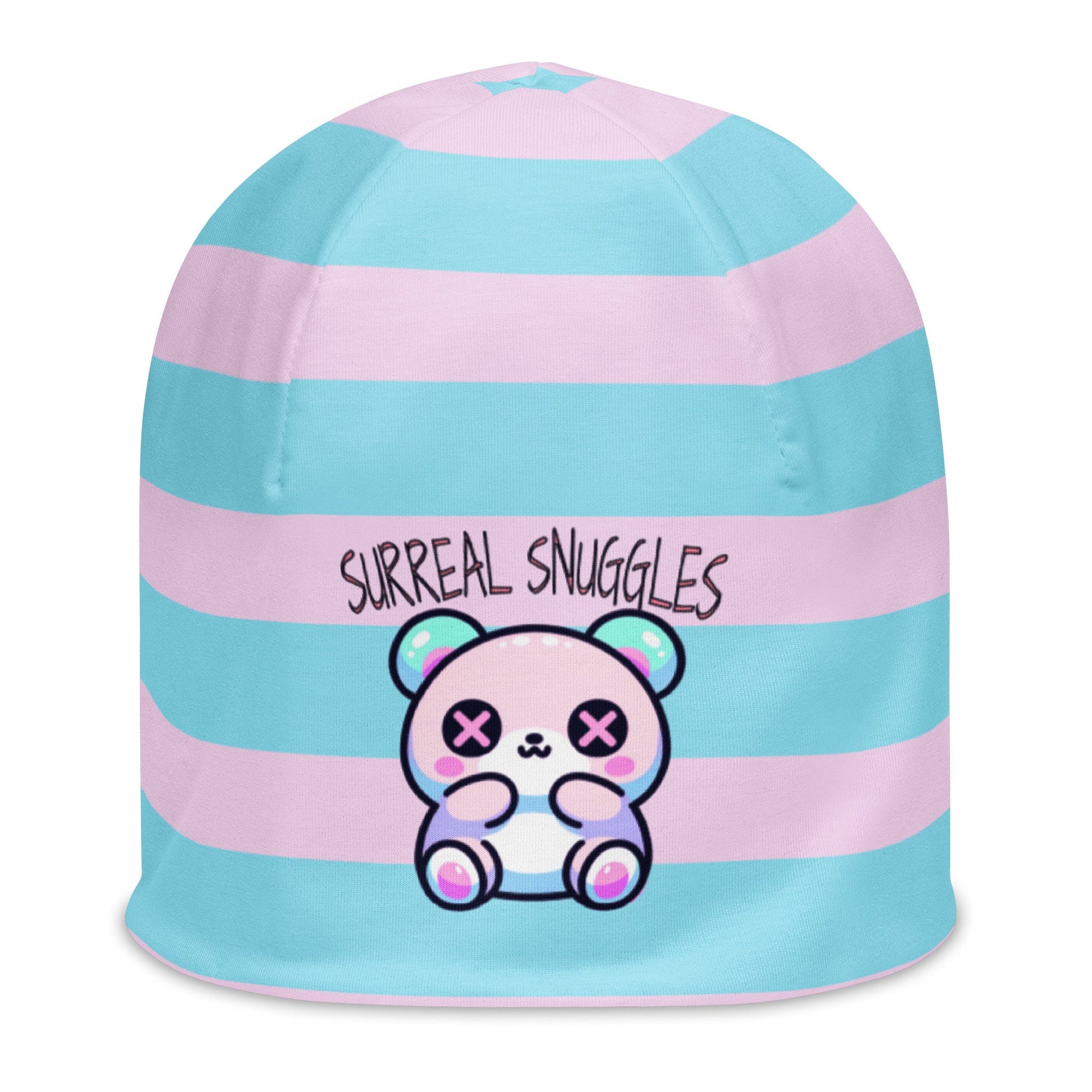 Weirdcore Pastel Goth Grunge Cute Bear Striped Beanie, Surreal Snuggles Oddcore Beanie Hat