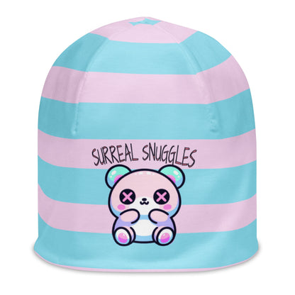 Weirdcore Pastel Goth Grunge Cute Bear Striped Beanie, Surreal Snuggles Oddcore Beanie Hat