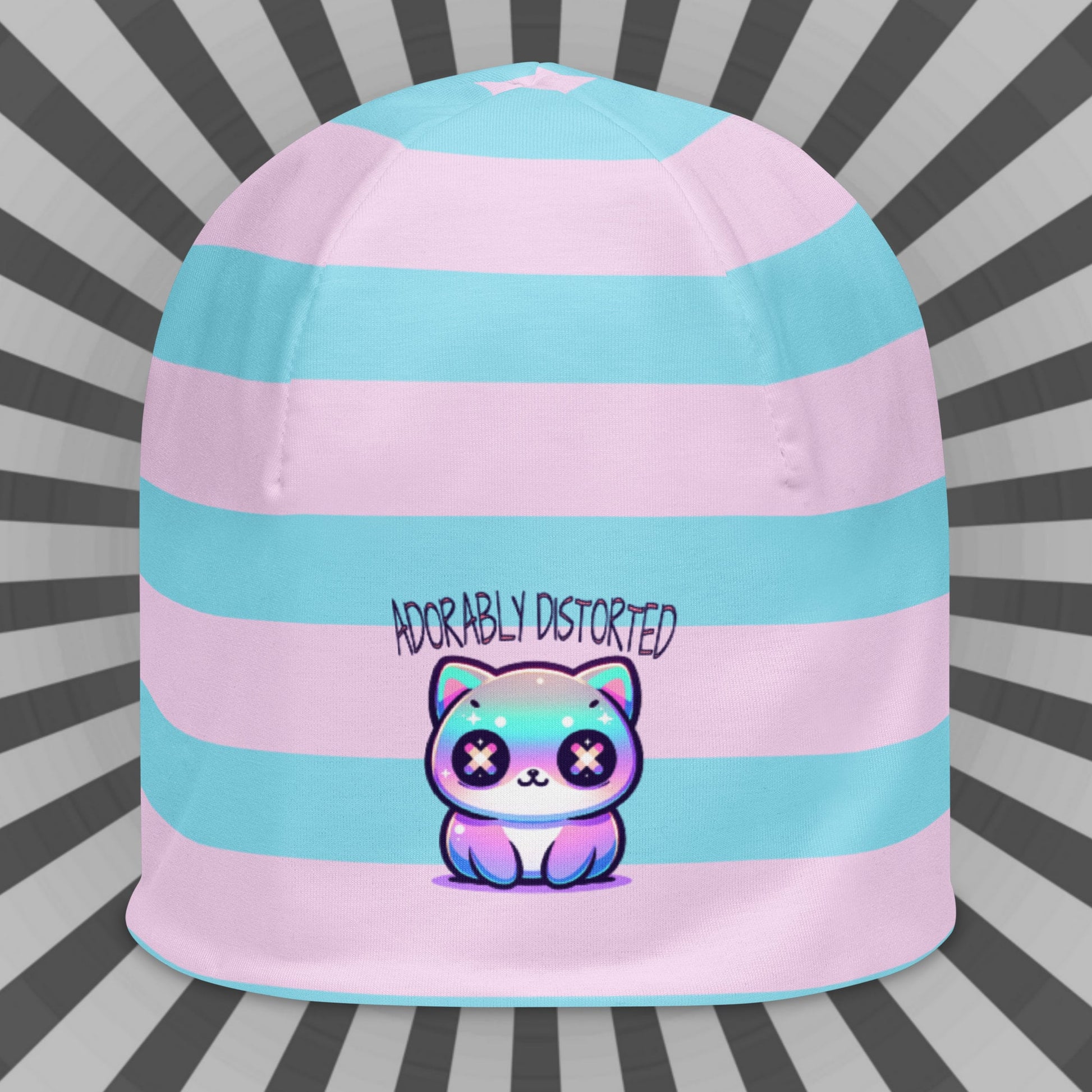 Weirdcore Pastel Goth Grunge Kitty Cat Striped Beanie, Adorably Distorted Oddcore Beanie Hat