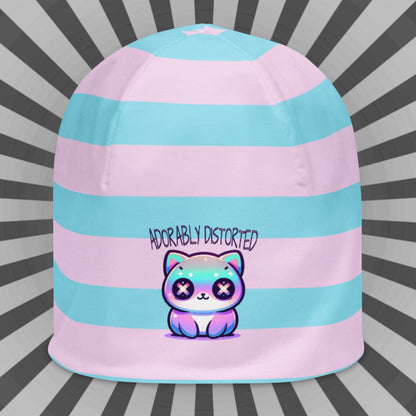 Weirdcore Pastel Goth Grunge Kitty Cat Striped Beanie, Adorably Distorted Oddcore Beanie Hat